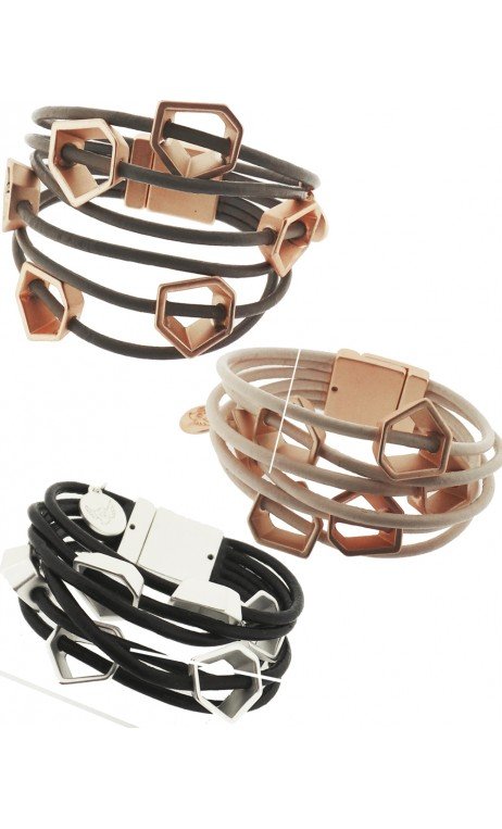 Bisuteria  Pulsera Ancha De Cuero Con Apliques Hexagonales