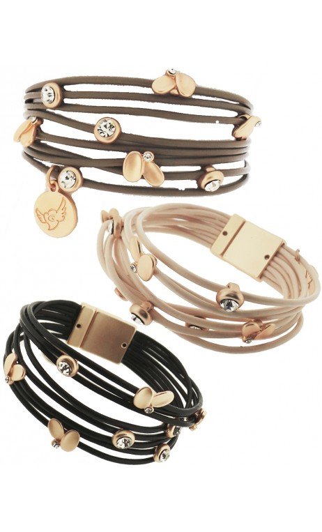 Bisuteria Pulsera Cuero Con Apliques De Mariposas Y Cristal